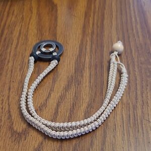 Beige Braided Cord Necklace with Black Circular Pendant